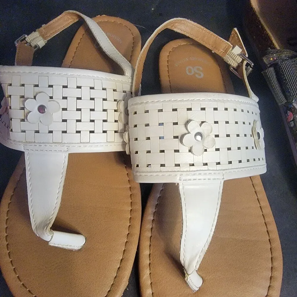 SO Lot 2 Girls Sandals US 4 White Flower Buckle Thong & Black Sequin Slides